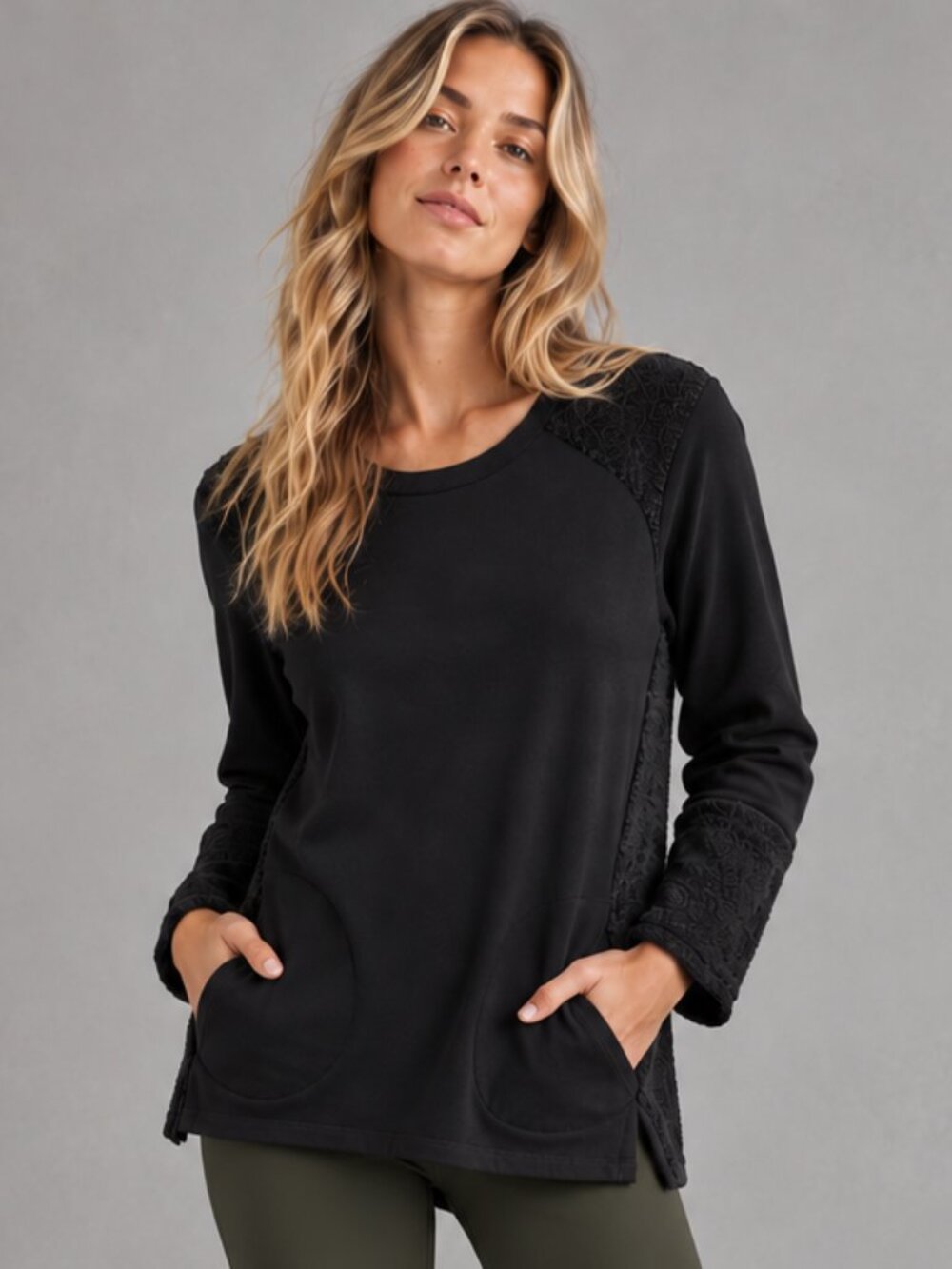 LOGO BY LORI GOLDSTEIN Black Knit Mixed Media Crew Neck Crochet Tunic S EUC